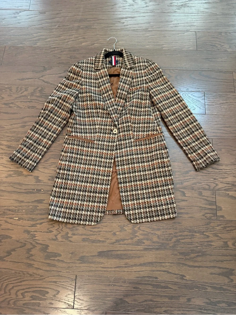 Tommy Hilfiger Houndstooth Longline Blazer Jacket Brown Faux Suede Elbow Size 10